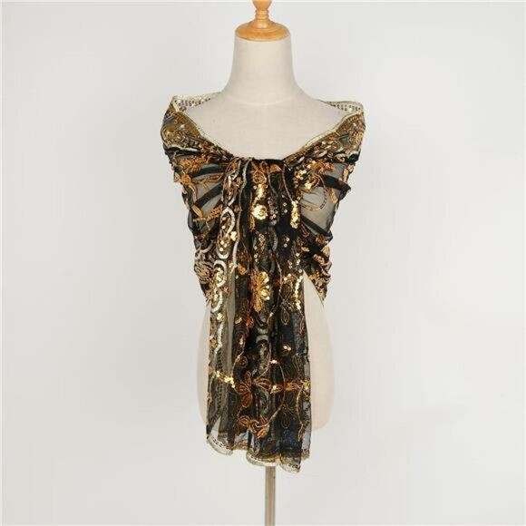 Glittering Scarf Mesh Sequin for Wedding Black Gold - Picture 1 of 7